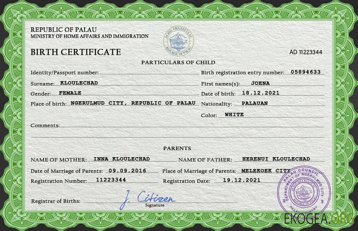 Modèle PSD de certificat de naissance des Palaos